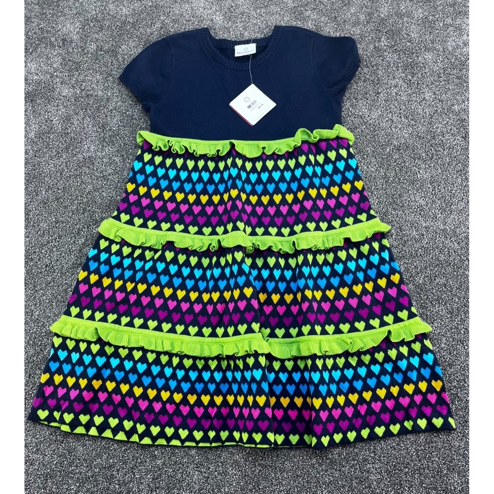 Hanna Andersson Size 130 Girl Navy Blue Knit Dress Hearts Ruffles NEW